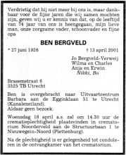 2001 Overlijden Bernardus Johannes Bergveld [1926 - 2001]   